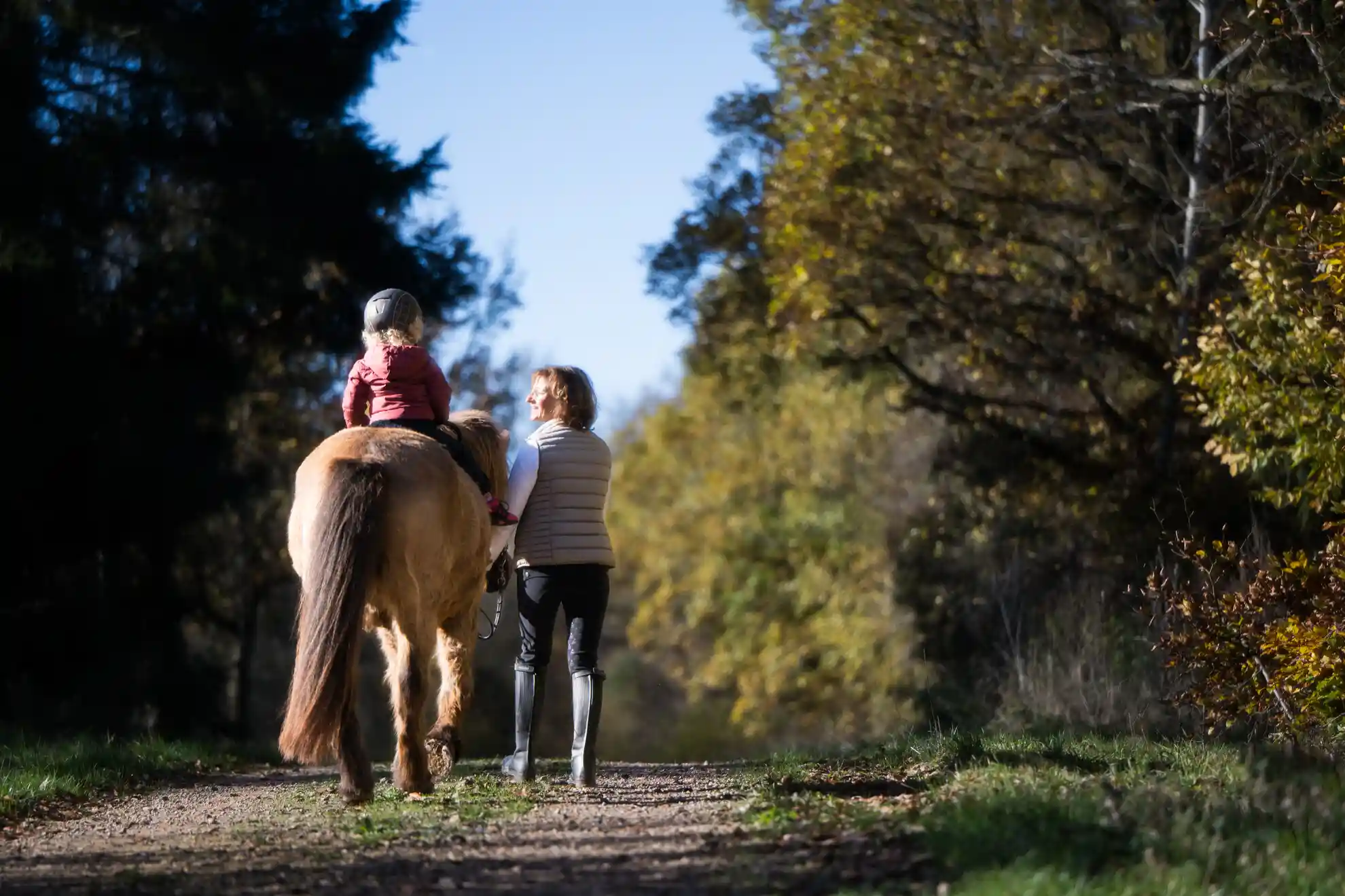 An einem sonnigen Tag geht ein Erwachsener neben einem Kind her, das auf einem Pferd einen von Bäumen gesäumten Feldweg entlang reitet.