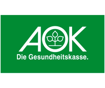 AOK-Logo mit einer stilisierten Pflanze im Buchstaben „O“ und dem Slogan „Die Gesundheitskasse“ auf grünem Hintergrund.