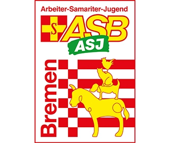 Logo der Arbeiter-Samariter-Jugend Bremen mit gelben Silhouetten von vier vertikal übereinander angeordneten Tieren und rot karierten Streifen im Hintergrund.