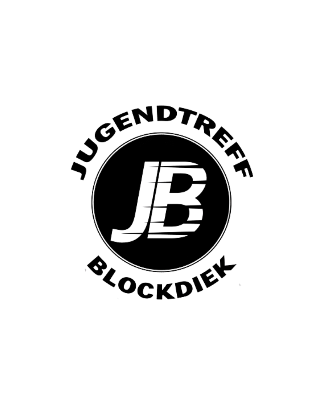 Schwarz-weißes Logo mit dem Schriftzug „JUGENDTREFF BLOCKDIEK“ um einen Kreis herum, in dessen Mitte sich die großen, stilisierten Buchstaben „JB“ befinden.