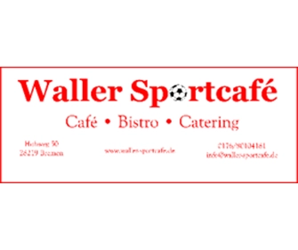 Logo für das Waller Sportcafé mit rotem Text, einem Fußball anstelle des „o“ in „Sportcafé“ sowie Kontaktdaten für Café, Bistro und Catering auf weißem Hintergrund.