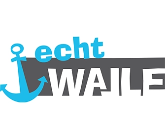 Logo mit einem blauen Anker, dem Wort „echt“ in Blau und „WALLE“ in Weiß auf grauem Hintergrund.
