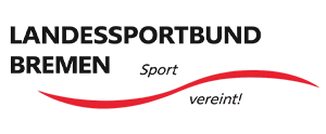 Das Logo des Landessportbunds Bremen mit schwarzer Schrift und einer roten Welle sowie dem Schriftzug „Sport vereint!“ auf weißem Hintergrund.