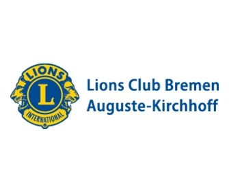 Logo des Lions Clubs Bremen Auguste-Kirchhoff mit zwei Löwenköpfen, einem blauen „L“ in einem gelben Kreis und dem Clubnamen in blauer Schrift.