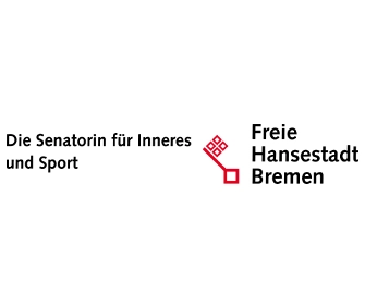 Wappen der Freien Hansestadt Bremen mit der Aufschrift „Die Senatorin für Inneres und Sport“ auf Deutsch und einem roten Schlüsselsymbol.
