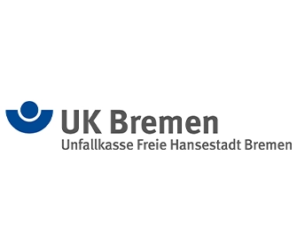 Logo der UK Bremen mit einem blauen abstrakten Symbol und dem Schriftzug „UK Bremen Unfallkasse Freie Hansestadt Bremen“ in Grau und Schwarz auf weißem Hintergrund.