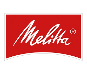 Rotes Melitta-Logo mit weißem Schriftzug in Schreibschrift und einem eingetragenen Markenzeichen oben rechts.